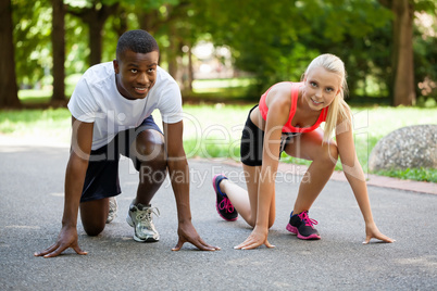 young couple runner jogger in park outdoor summer