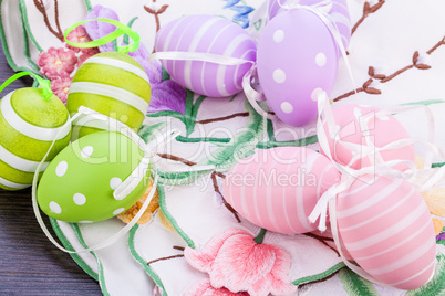 colorful easter egg decoration on wooden background