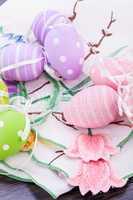 colorful easter egg decoration on wooden background