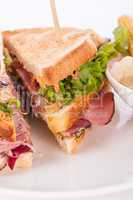 Delicious pastrami club sandwich and pickles