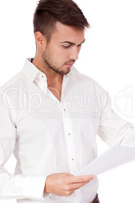 young adult businessman reading document letter isolated