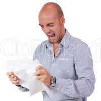 businessman angry expression paperwork isolated