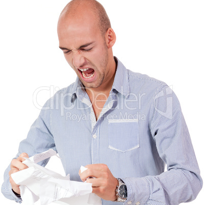 businessman angry expression paperwork isolated