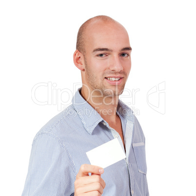 young successful businessman with blank business card