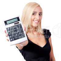 attractive smiling business woman with calculator isolated
