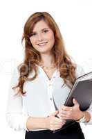 smiling young business woman with folder portrait