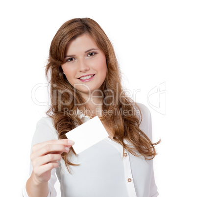 young successful businesswoman with blank business card