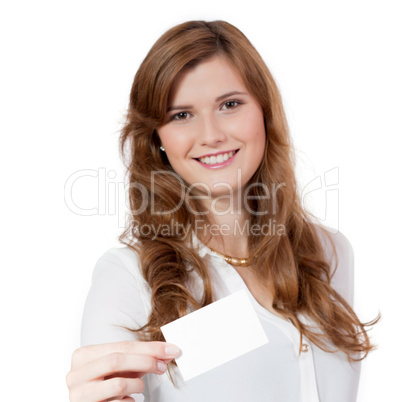 young successful businesswoman with blank business card