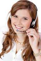 smiling business woman callcenter agent operator isolated portrait