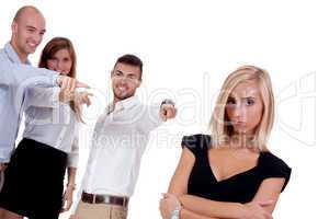 young businesswoman bullying mobbing by team isolated