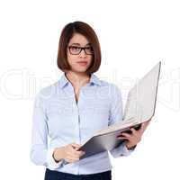 smiling young business woman with folder portrait