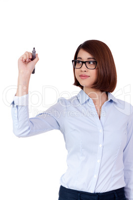 young successful business woman writing with pen isolated