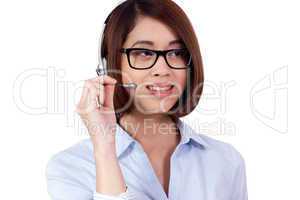 young smiling asian businesswoman call center agent isolated