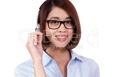 young smiling asian businesswoman call center agent isolated