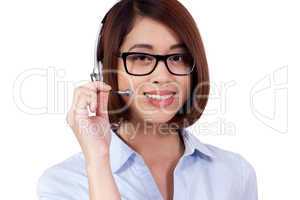 young smiling asian businesswoman call center agent isolated