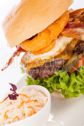 Delicious egg and bacon cheeseburger