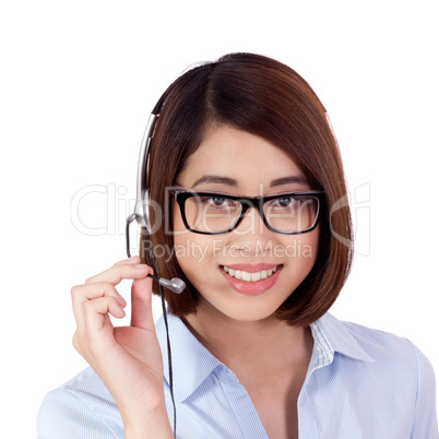 young smiling asian businesswoman call center agent isolated