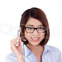 young smiling asian businesswoman call center agent isolated