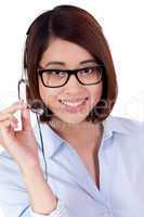 young smiling asian businesswoman call center agent isolated