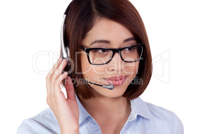 young smiling asian businesswoman call center agent isolated