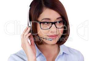 young smiling asian businesswoman call center agent isolated