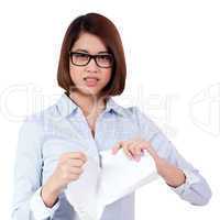 young frustrated asian business woman with paperwork crumpled