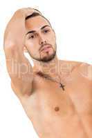 young attractive man in jeans and naked body isolated