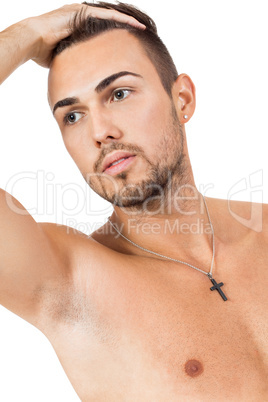 young attractive man in jeans and naked body isolated