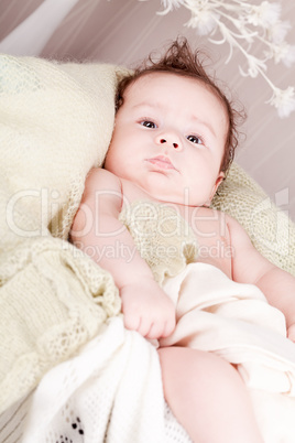 sweet little baby infant toddler on blanket in basket