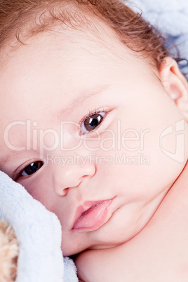 cute little baby infant toddler on white blanket portrait