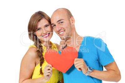 happy young couple in love with red heart valentines day