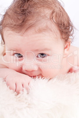 cute little baby infant toddler on white blanket portrait