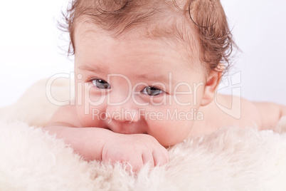 cute little baby infant toddler on white blanket portrait