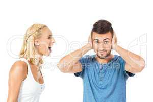 young woman screaming at boyfriend isolated