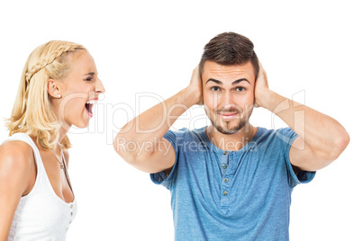 young woman screaming at boyfriend isolated