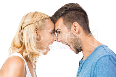 young woman screaming at boyfriend isolated