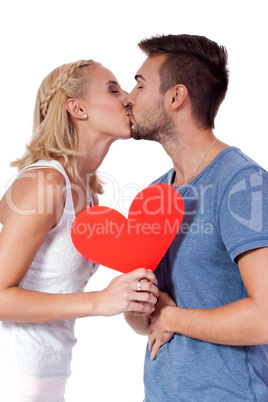 happy young couple in love with red heart valentines day