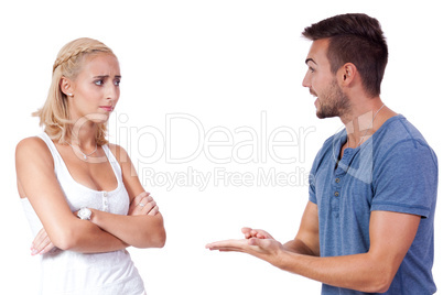young attractive couple conflict angry problem isolated