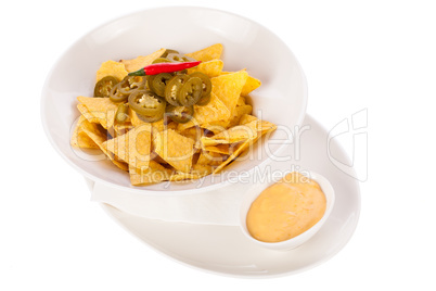 Nachos with cheese sauce and chilli pepperoni