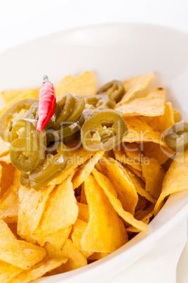 Nachos with cheese sauce and chilli pepperoni