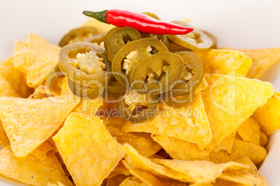 Nachos with cheese sauce and chilli pepperoni