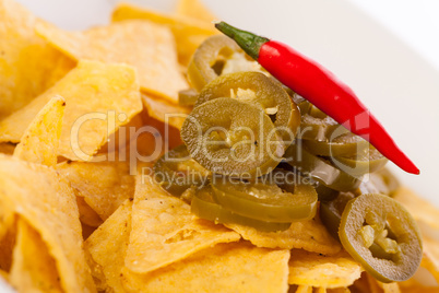 Nachos with cheese sauce and chilli pepperoni