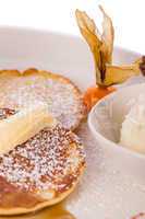 tasty sweet pancakes with vanilla icecream and topping