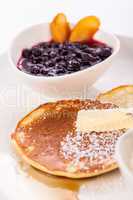 tasty sweet pancakes with vanilla icecream and topping