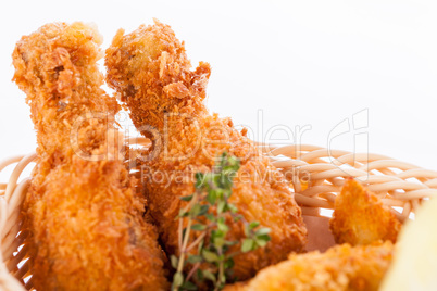 Crisp crunchy golden chicken legs and wings