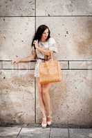 attractive young brunette woman in sexy dress and handbag