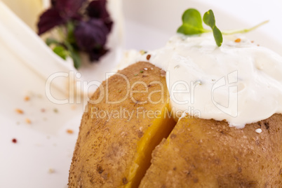 Baked jacket potato with sour cream sauce