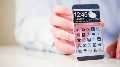 Futuristic Smart phone (phablet) with a transparent display in human hands. Concept actual future innovative ideas and best technologies humanity.