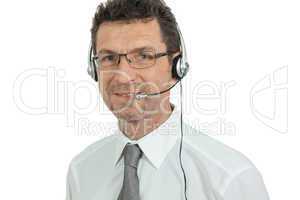 smiling mature male operator businessman with headset call senter