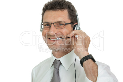 smiling mature male operator businessman with headset call senter smiling mature male operator businessman with headset call senter